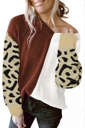 Коричнево-белый свободный вязаный свитер-пуловер с леопардовыми рукавами