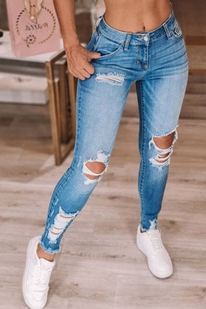 Голубые рваные облегающие джинсы с высокой талией