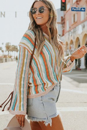 Разноцветный полосатый вязаный свитер-худи оверсайз