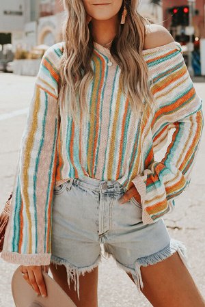 Разноцветный полосатый вязаный свитер-худи оверсайз