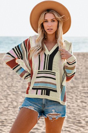 Бежевый вязаный свитер-худи с разноцветным полосатыми вставками