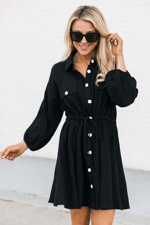Черное платье-рубашка с эластичной талией на шнуровке
