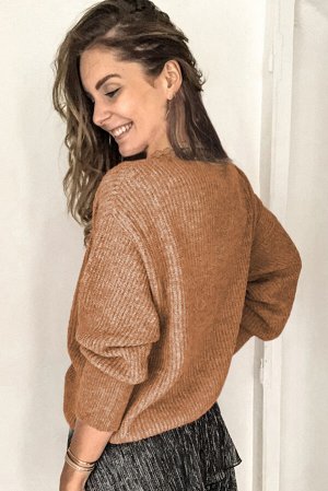 Коричневый вязаный свитер с V-образным вырезом с кружевной отделкой и пуговицами на манжетках