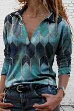 Бирюзовая повседневная блуза с V-образным вырезом с отложным воротником и геометрическим принтом