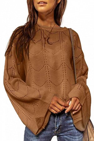 Бежевый вязаный свитер с расклешенными рукавами и перфорацией