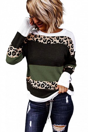 Зеленый свитер-пуловер с черно-белыми полосами и леопардовым принтом