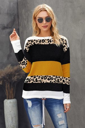 Желтый свитер-пуловер с черно-белыми полосами и леопардовым принтом