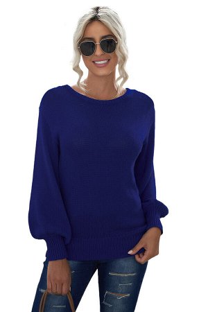 Синий вязаный свитер с вырезом на спине на завязке