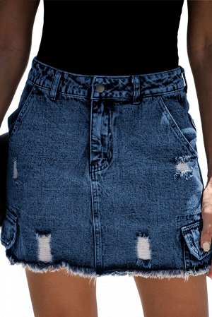 Голубая потертая джинсовая юбка с высокой талией и карманами