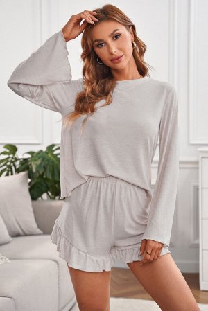 Apricot Bell Sleeve Top and Ruffle Shorts Lounge Suit