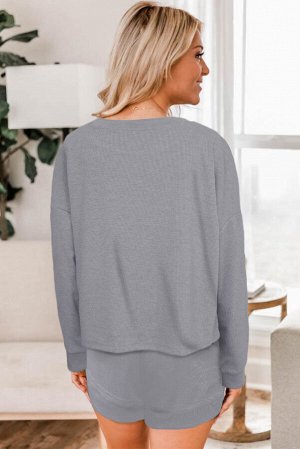 Grey Ribbed Knit Drop-Shoulder Sleeve Top and Shorts Lounge Set