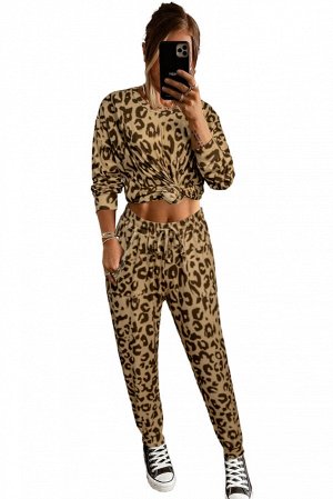 Коричневый леопардовый комплект: джоггеры + топ с длинным рукавом