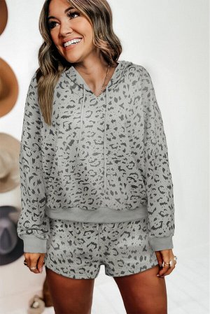 Серый леопардовый комплект для дома: шорты + худи