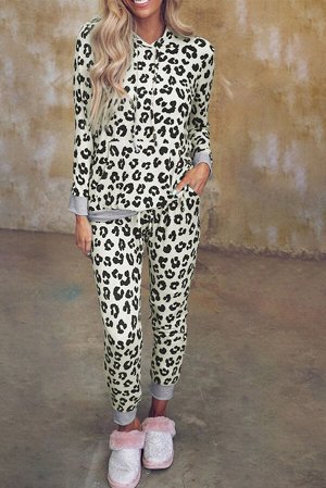 Бежевый леопардовый комплект для дома: брюки + топ с карманом-кенгуру