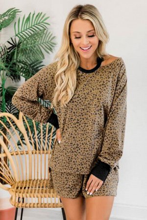 Коричневый леопардовый комплект для дома: шорты + топ с длинным рукавом