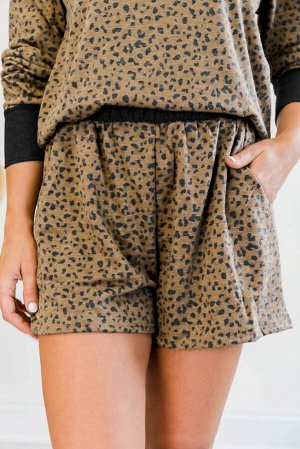 Коричневый леопардовый комплект для дома: шорты + топ с длинным рукавом