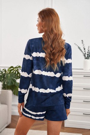 Синий комплект для отдыха с белыми красочными полосами: свитшот + шорты