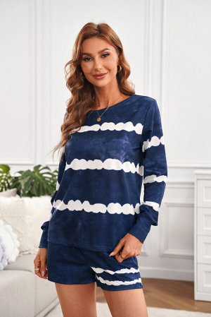 Синий комплект для отдыха с белыми красочными полосами: свитшот + шорты