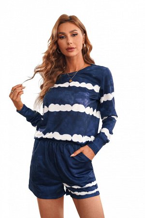 Blue Tie-dyed Stripes Long Sleeve Shorts Lounge Set