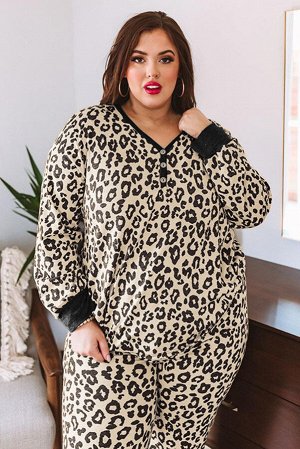 Leopard Plus Size V Neck Top And Sweatpants Lounge Set