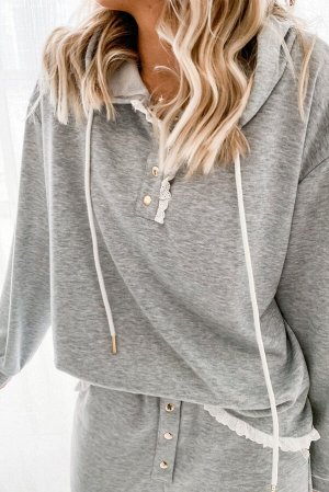 Gray Snap Buttons Lacy Hoodie and Sweatpants Lounge Set