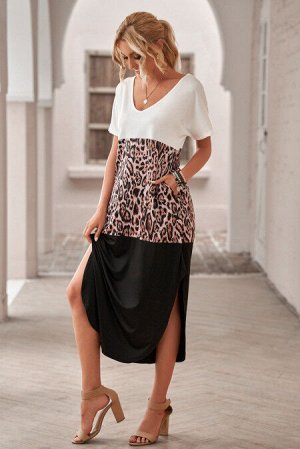Черно-белое длинное платье-футболка с леопардовым принтом