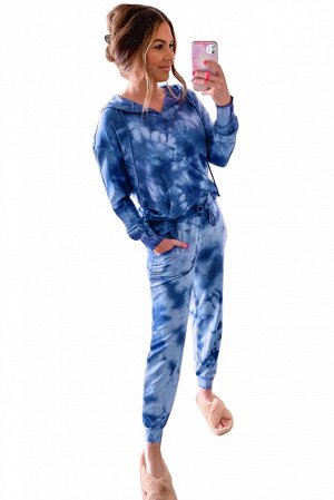 Blue Tie-Dye Drawstring Hoodie and Joggers Pants Loungewear Set
