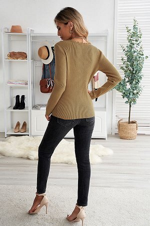 Горчичный свитер-пуловер с круглым вырезом на пуговицах с кружевной отделкой