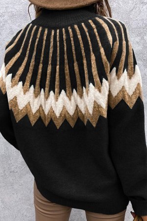 Черный вязаный свитер с воротником под горло и бежевым узором