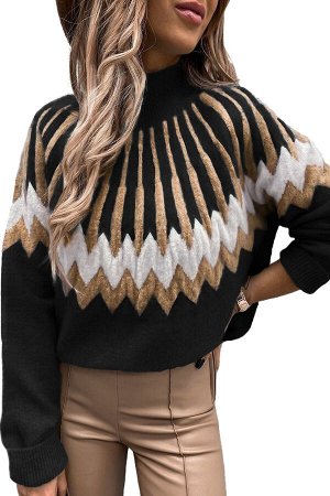 Черный вязаный свитер с воротником под горло и бежевым узором