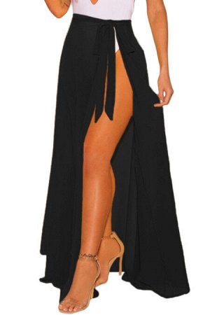 Черная пляжная макси юбка с высоким разрезом и завязками-бантом