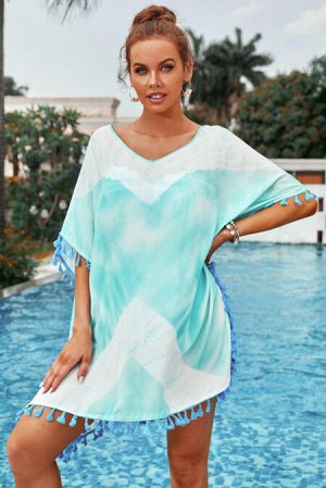 Бирюзовое пляжное платье-туника с кисточками и белым красочным принтом