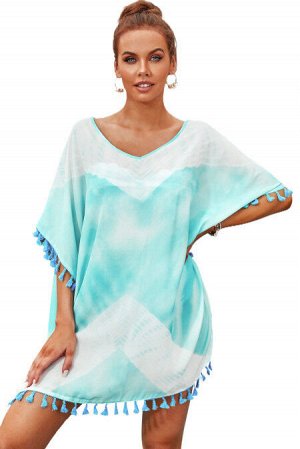 Бирюзовое пляжное платье-туника с кисточками и белым красочным принтом