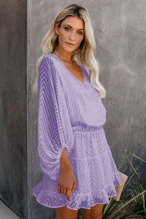 Фиолетовое полосатое платье беби-долл с V-образным вырезом и пышными рукавами