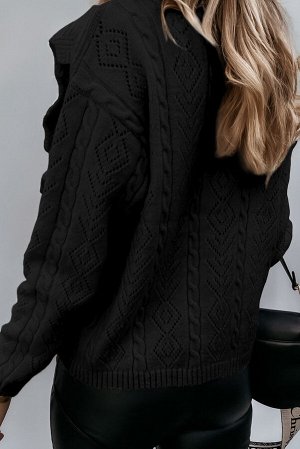 Черный вязаный свитер-кардиган с застежкой на пуговицах и оборками