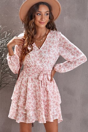 Розовое двухслойное платье с V-образным вырезом и рюшами с цветочным принтом
