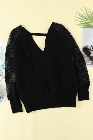 Черный свитер с запахом и открытой спиной с кружевными вставками