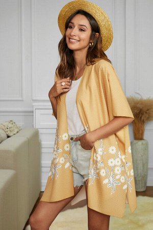 Желтая пляжная накидка-кимоно с принтом ромашки
