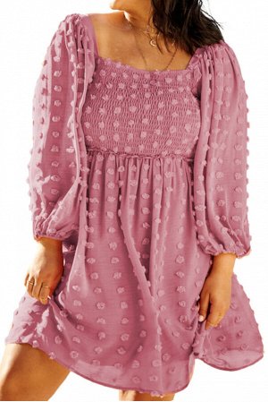 Розовое платье плюс сайз в швейцарский горошек с объемными рукавами