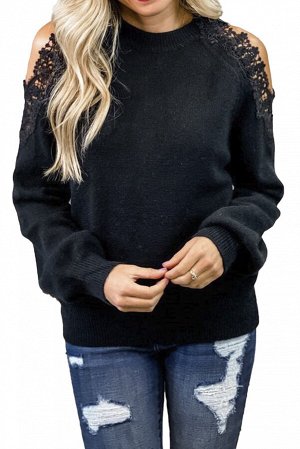 Черный свитер с вырезами на плечах с кружевной отделкой