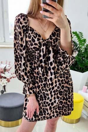 Леопардовое платье с пышными рукавами и V-образным вырезом с узлом