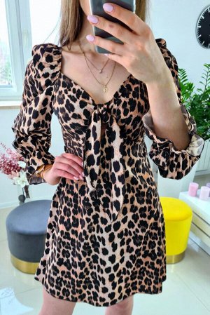 Леопардовое платье с пышными рукавами и V-образным вырезом с узлом