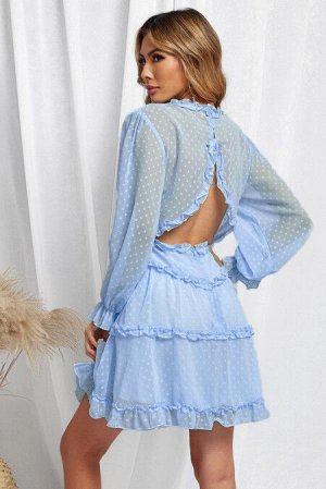 Голубое многоярусное платье беби-долл в горошек с V-образным вырезом и открытой спиной