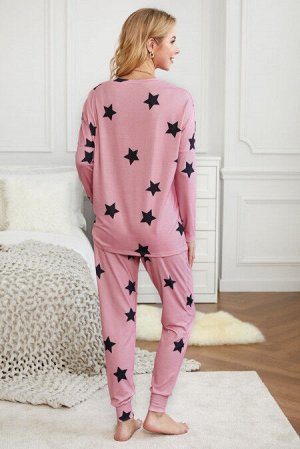 Розовый спортивный комплект с черным звездным принтом: свитшот и штаны