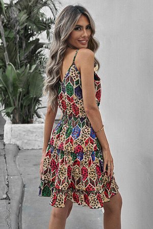 Разноцветное мини-платье с леопардовым принтом в ромбик и эластичной поясом на талии