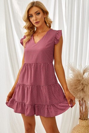 Розовое мини-платье в горошек с V-образным вырезом и короткими рукавами с оборками