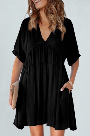Черное многоярусное мини-платье беби-долл с рукавами-кимоно и V-образным вырезом