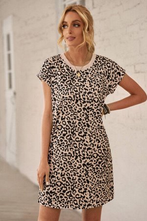 Бежевое леопардовое платье-футболка с карманами