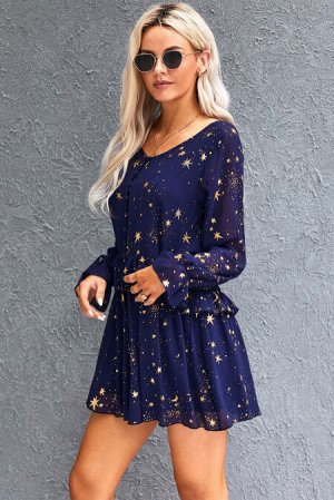 Синее платье с длинным рукавом и принтом звезды с v-образным вырезом и оборками