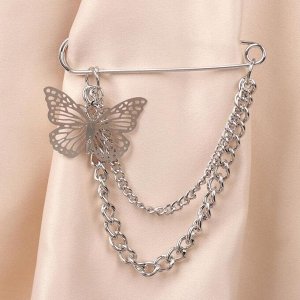 Булавка "Бабочка" с цепочками, цвет серебро